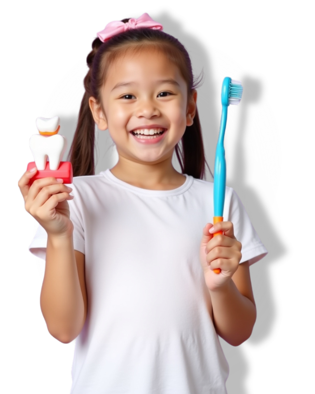 Criança sorrindo segurando uma escova e um modelo de dente